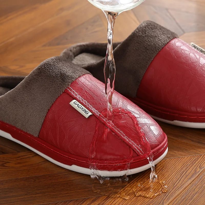 Men Women Waterproof Indoor Slippers Plush Leather Slippers  Thick Bottom