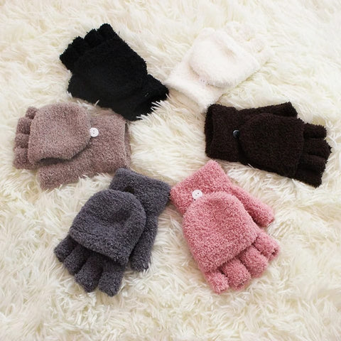 Soft Coral Fleece Flip Cover Half Finger Gloves 2022 Winter Men Women Gloves Solid Warmer Mittens Female Ladies Cycling Gloves