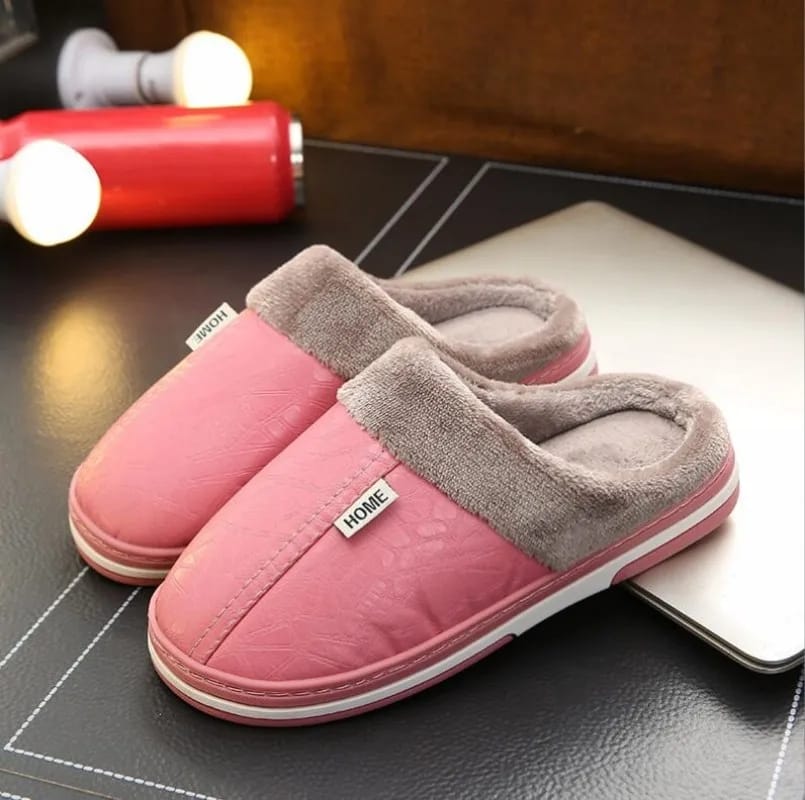 Men women Waterproof indoor Slippers Warm Plush Leather Slippers Thick Bottom