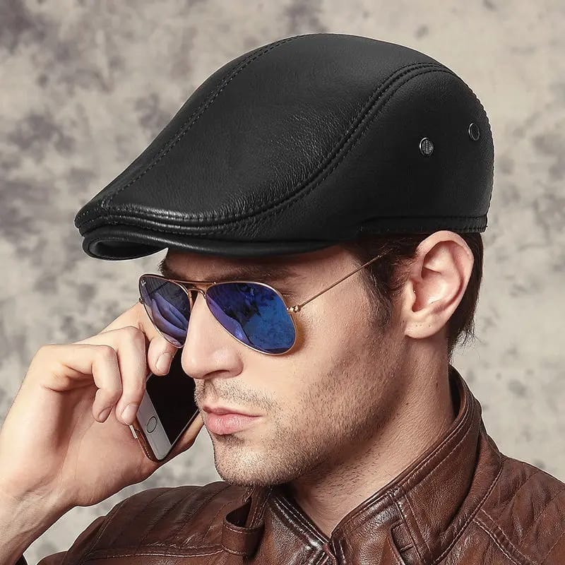 Men's Leather Winter Beret Hat with Warm Ear Protection Cap Genuine Leather