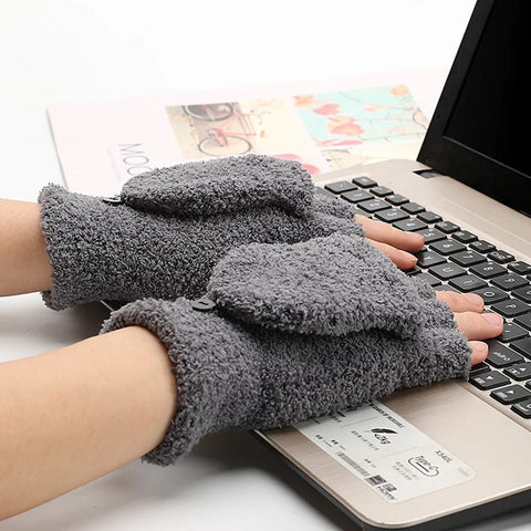Soft Coral Fleece Flip Cover Half Finger Gloves 2022 Winter Men Women Gloves Solid Warmer Mittens Female Ladies Cycling Gloves