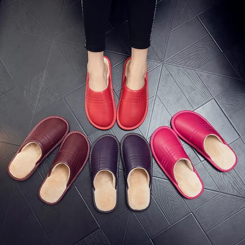 Leather Autumn and Winter Household Slippers Home Indoor Thick Bottom Non-slip Waterproof Warm Home Slippers