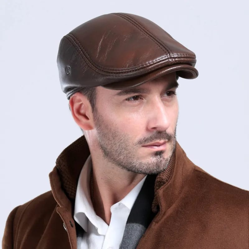 Men's Leather Winter Beret Hat with Warm Ear Protection Cap Genuine Leather