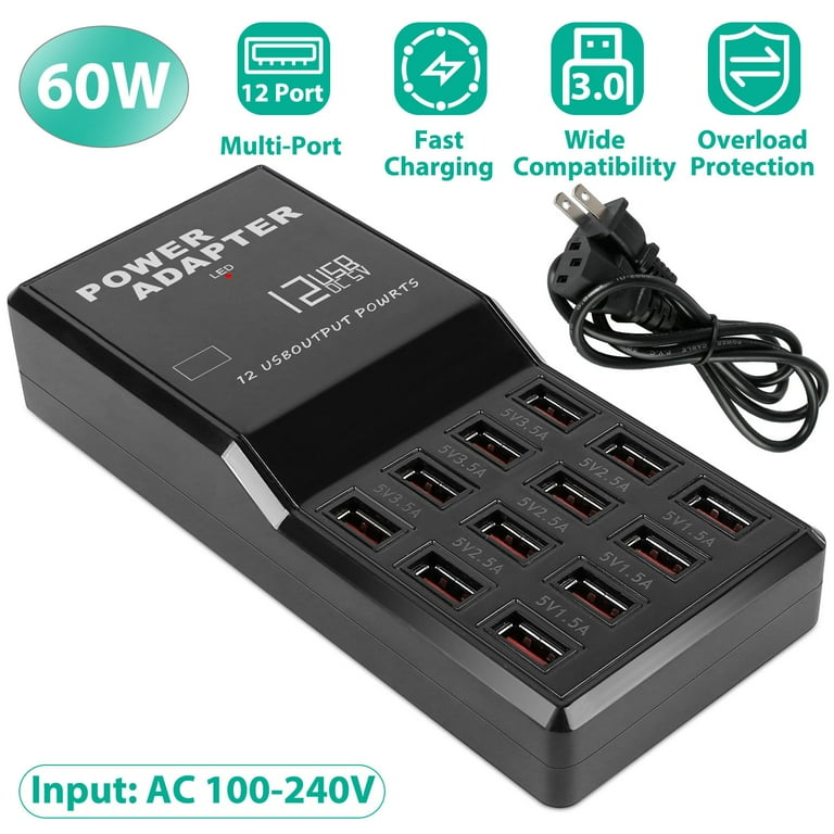 USB Mobile Phone Charger 10-Ports 60W for Multiple Devices Smart Phone Tablet ipad