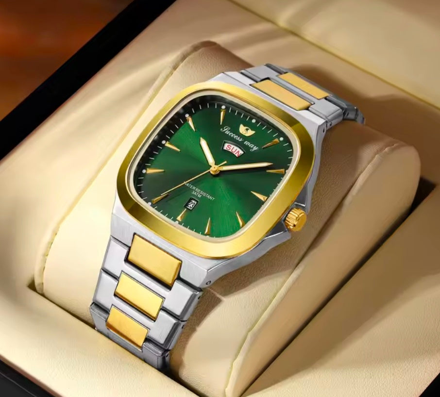 Business Stainlsee Steel Rectangle Quartz Two Tone Band Watch