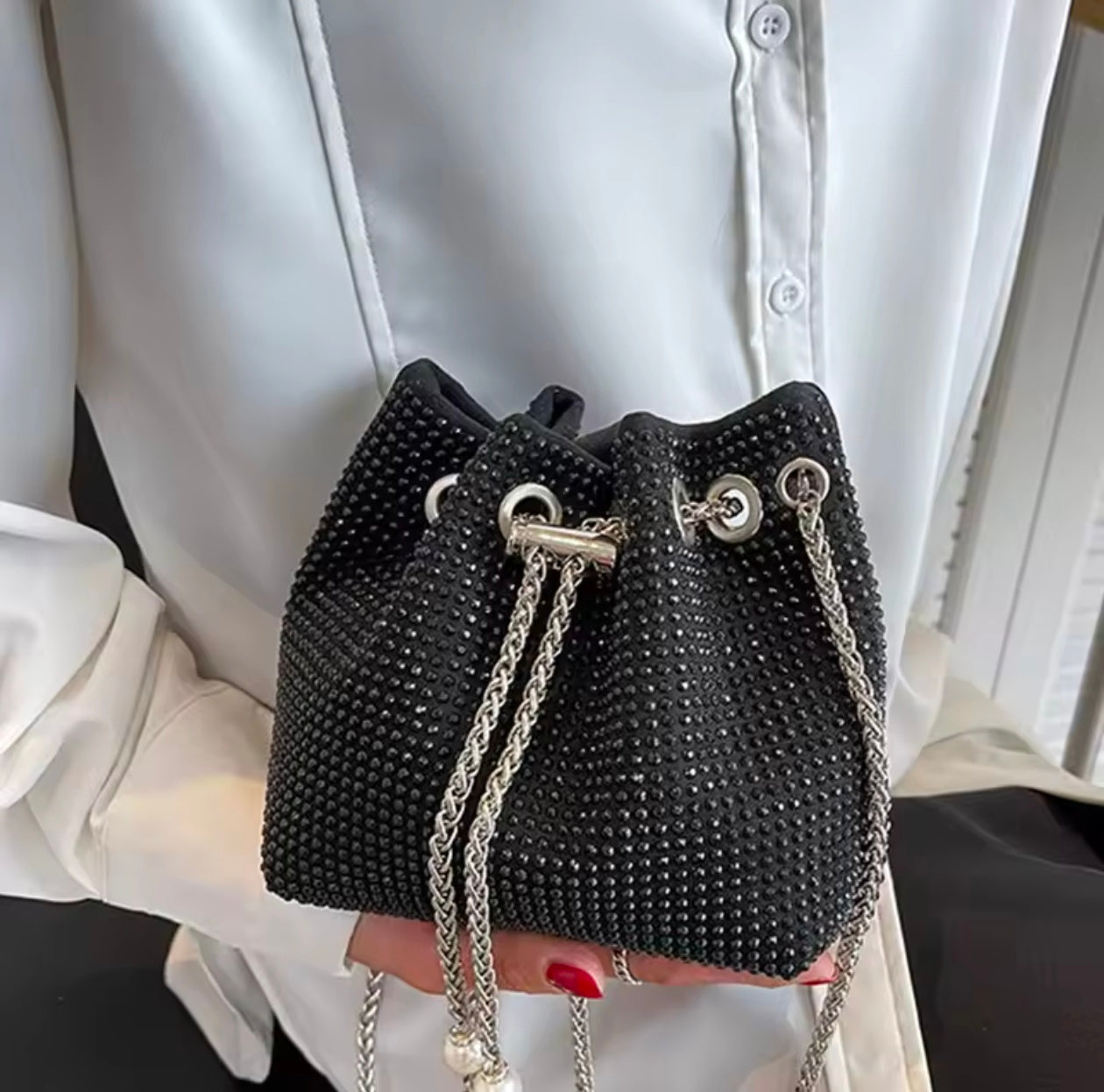 Women Fashion Diamonds Rhinestone Bucket Bags Retro Pearl Chain Ladies Shoulder Bags Shiny Small Crossbody Bags Female Handbags