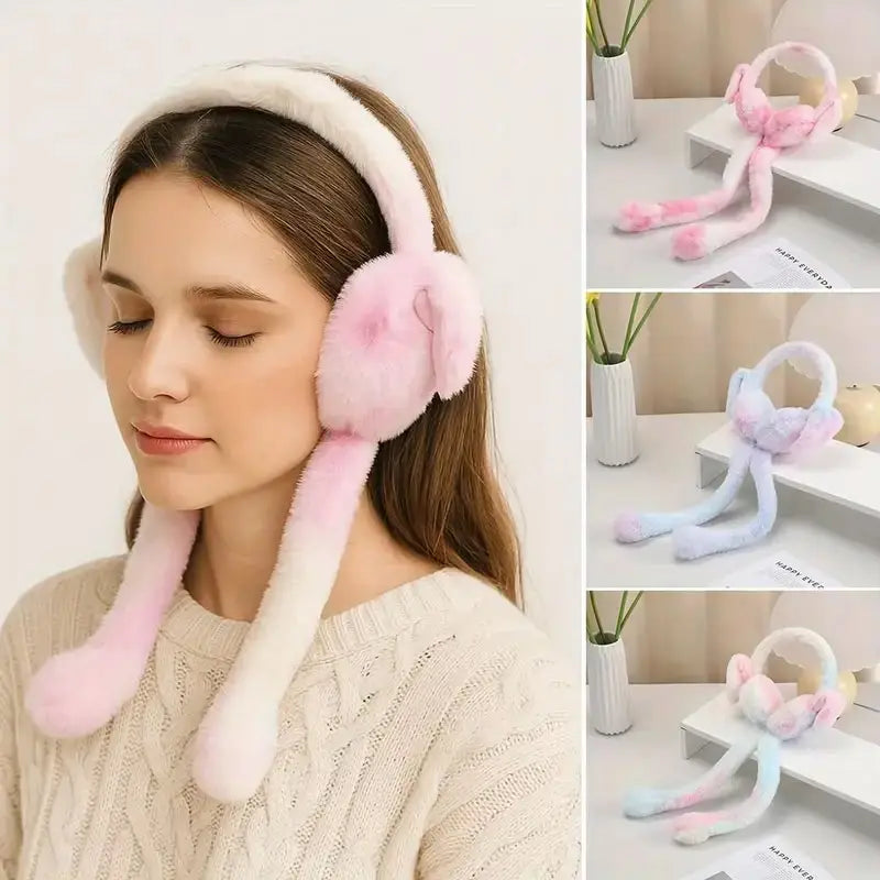 Women's Winter Plush Earwarmer Bunny Earmuffs with Moving Jumping Rabbit Ears Windproof Airbag Ear Bag