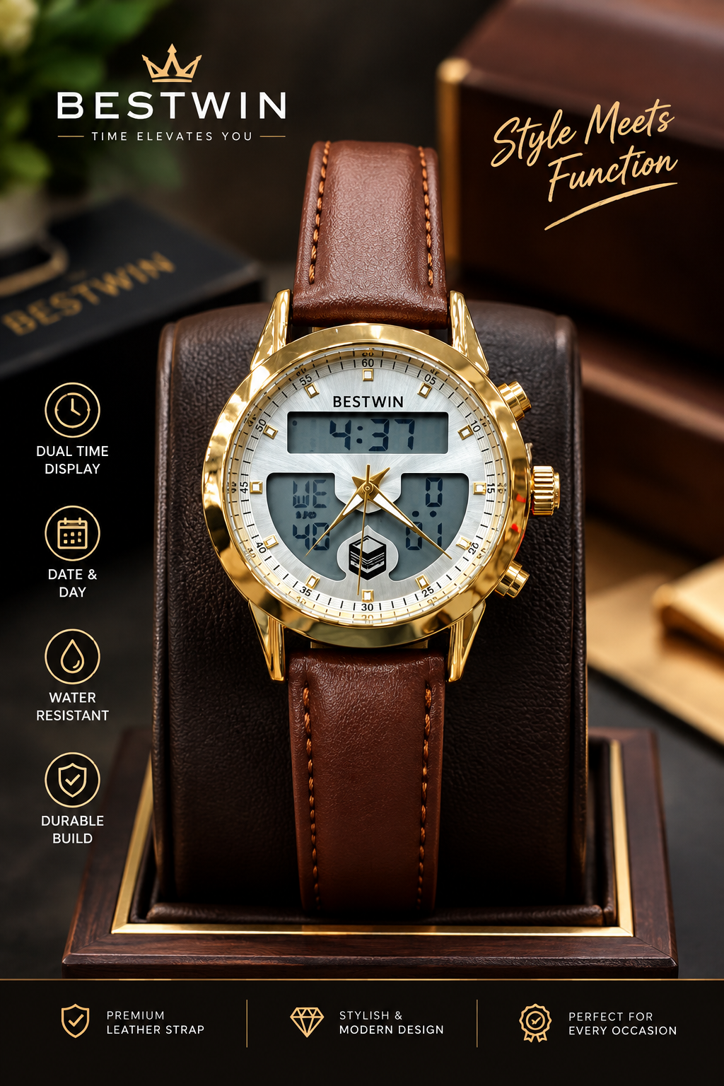 Power Alfajar Design Dual Time Leather Strap Watch