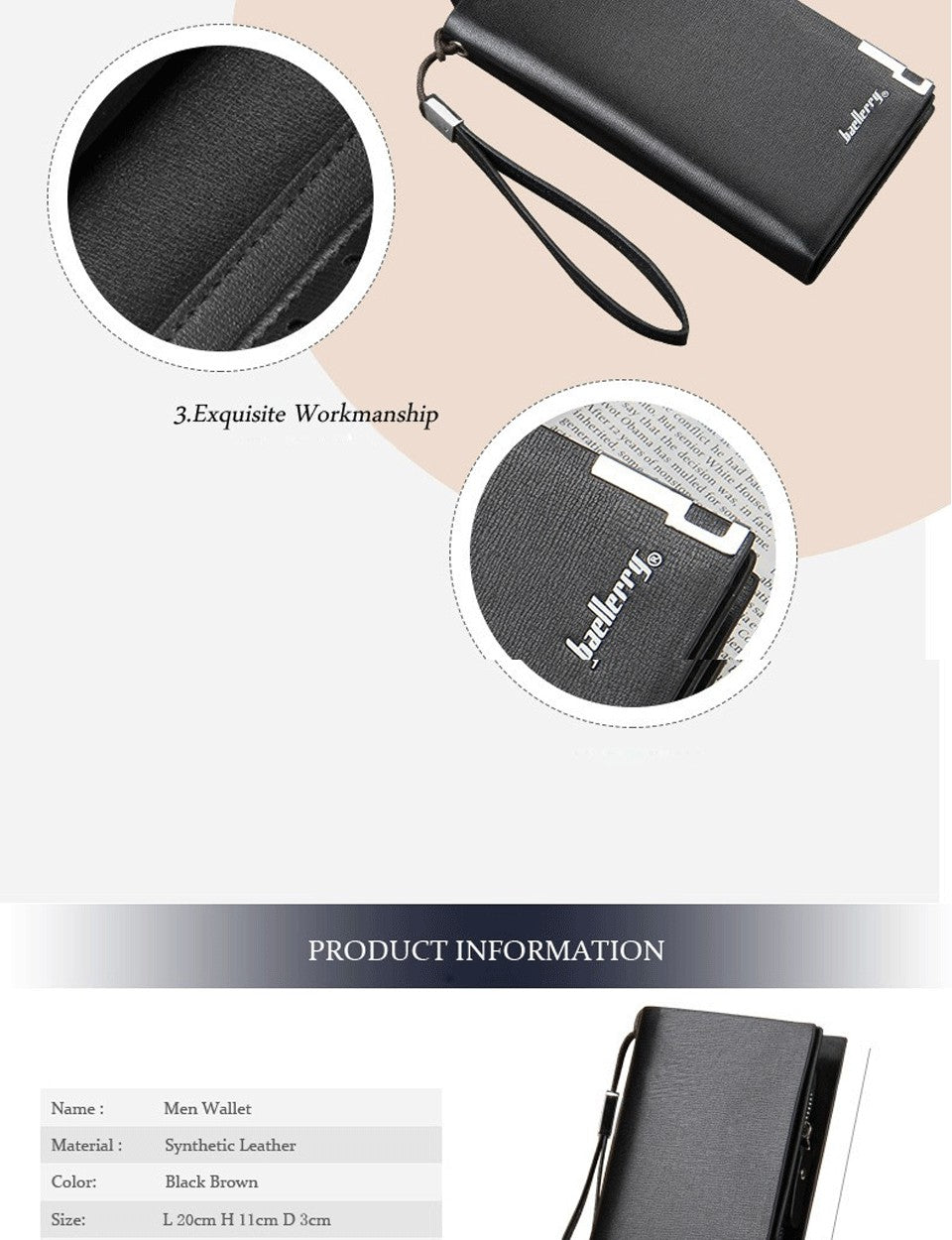 Baellerry Geniune Leather Long wallet Large Capicity Zipper mobile pocket Cards cash slots