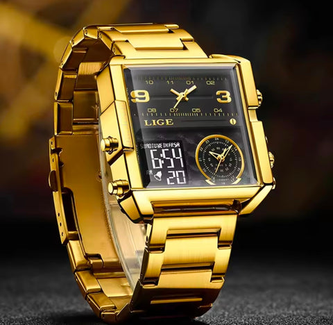 Matturi  Luxury Fashion Watch  Stainless Steel Sports Square Digital Analog Big Quartz Watch