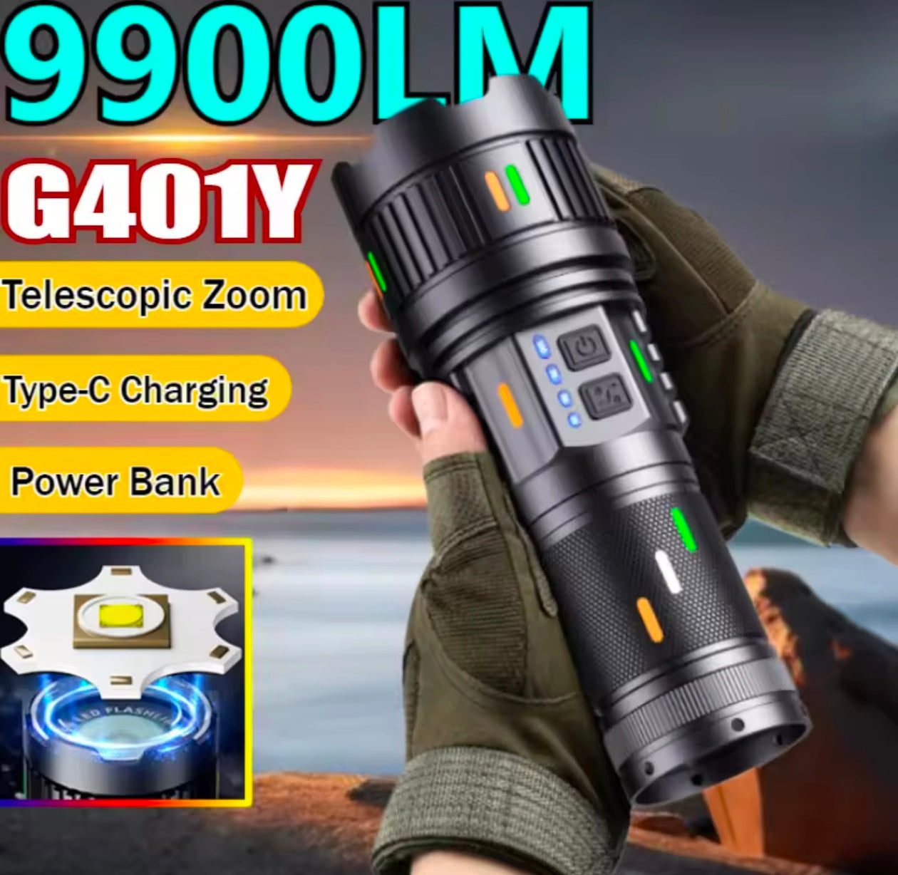 98000LM 10000MAH Powerful 100W Flashlight Portable Torch Outdoor Long Distance