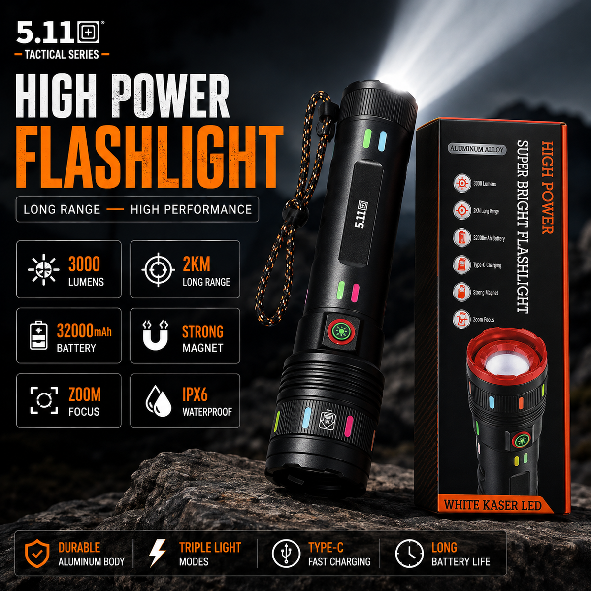 90000 Lumen XHP70.2 Zoomable Rechargeable Flashlight