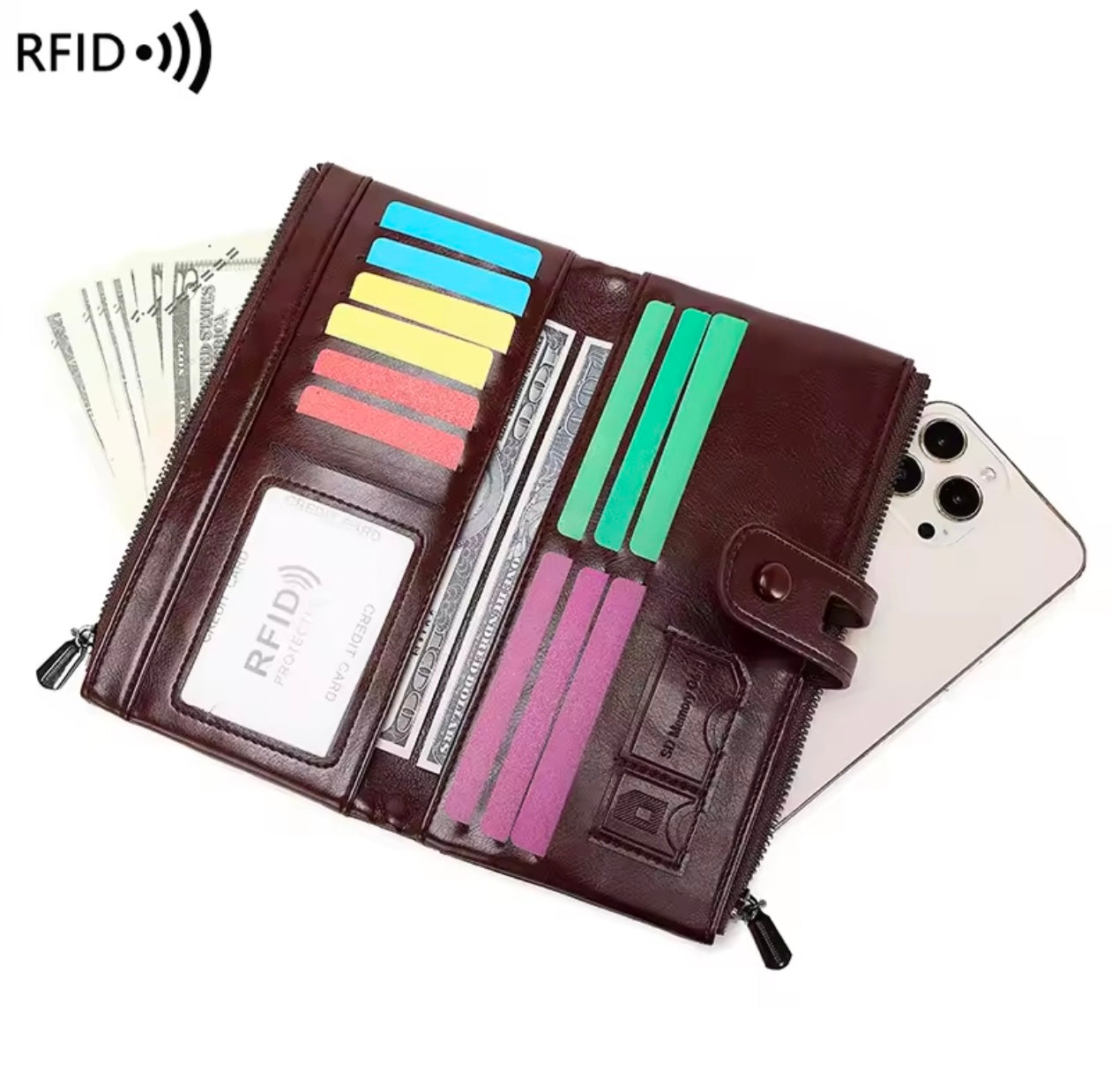 Genuine Cow Leather RFID Blocking Business Wallet for Mobile credit Cards