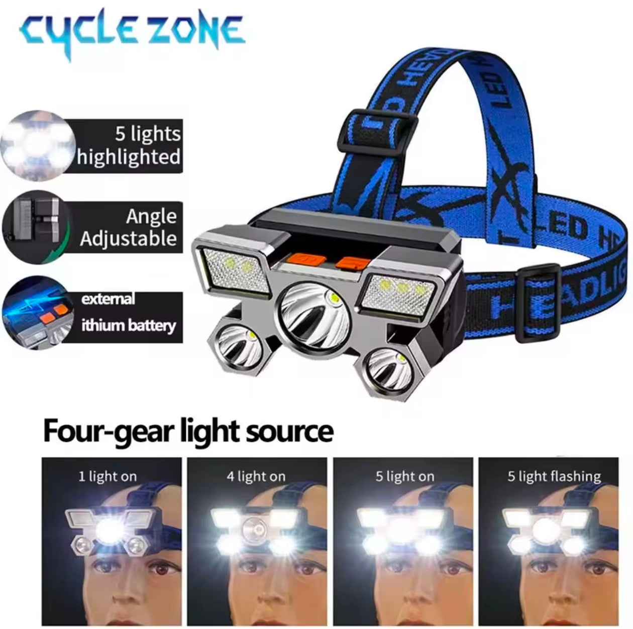 5 LED Strong Headlight Super Bright Head Mounted Flashlight Usb Rechargeable Built-in Battery Outdoor Rechargeable Night Fishing