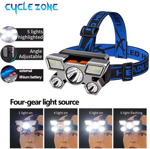 5 LED Strong Headlight Super Bright Head Mounted Flashlight Usb Rechargeable Built-in Battery Outdoor Rechargeable Night Fishing