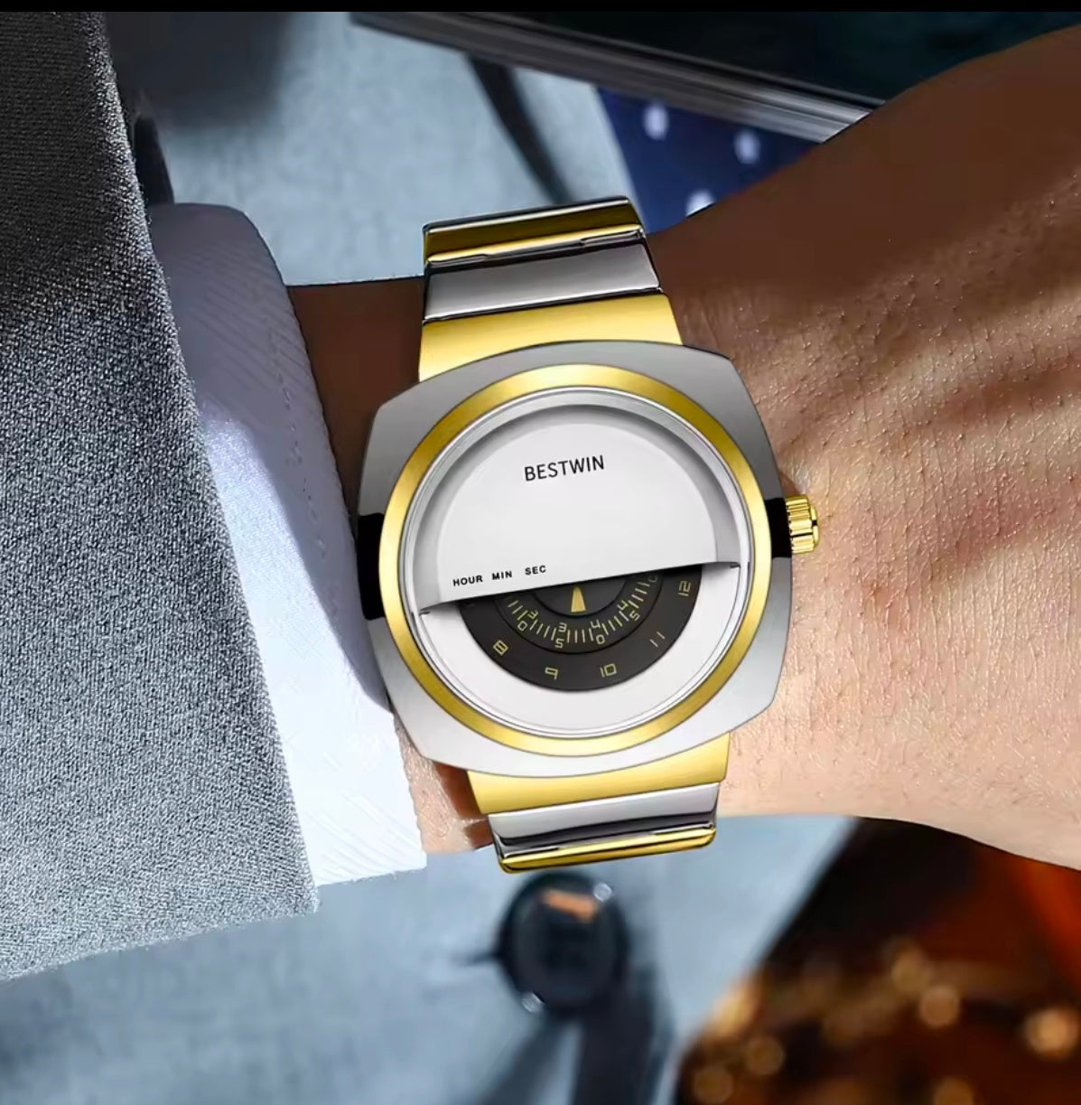Best win Hollow 3D Carved Bezel Stainless Steel Business Wrist Watch