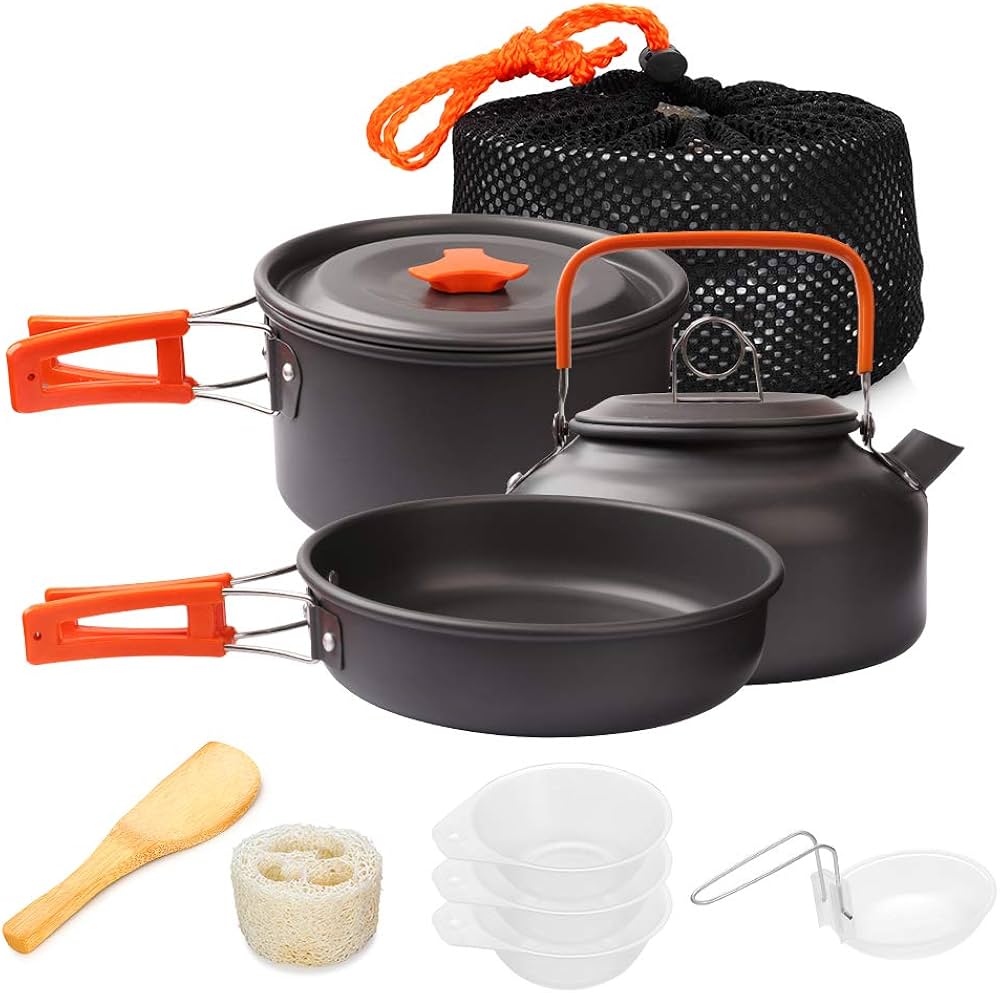 Portable Lightweight camping cookware set with kettle big size