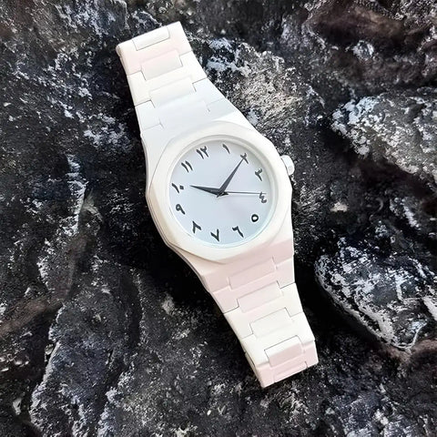 Alharmeen Al Fajar Muslim Watch with Arabic Sapphire Crystal Dial Azan Prayer Alarm Islamic Time Wristwatch Ramadan Gift