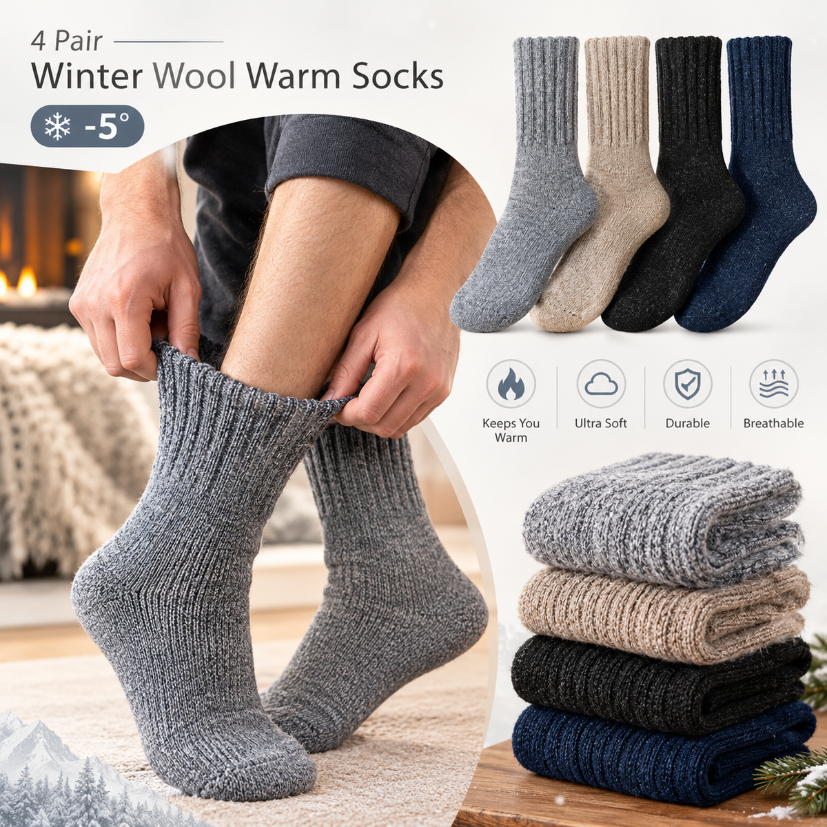 4 Pair Thicken Wool Towel Winter Socks