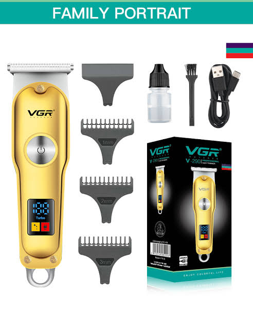 VGR V-290 Digital Display Professional Cordless Hair Clippers Cutter Rechargeable Wireless Hair Grooming Set Beard Trimming Beard Styling Rechargeable Li-ion Battery 600mAh 120 mins Runtime - Golden