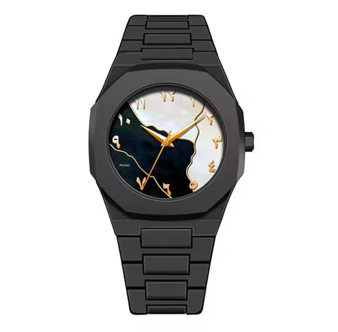 Arabic Numerals Men’s Black Aura  Polycarbonate Marble Arabic Double Dial Watch