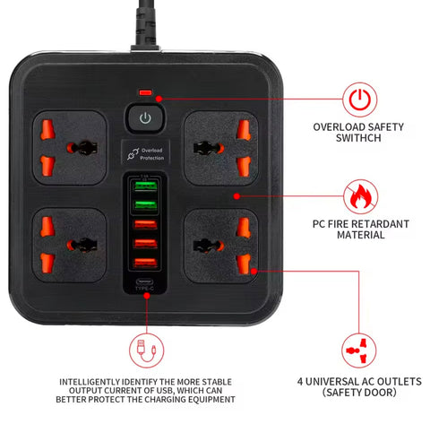 Uk import Universal Power Extension Strip with 6 Ports