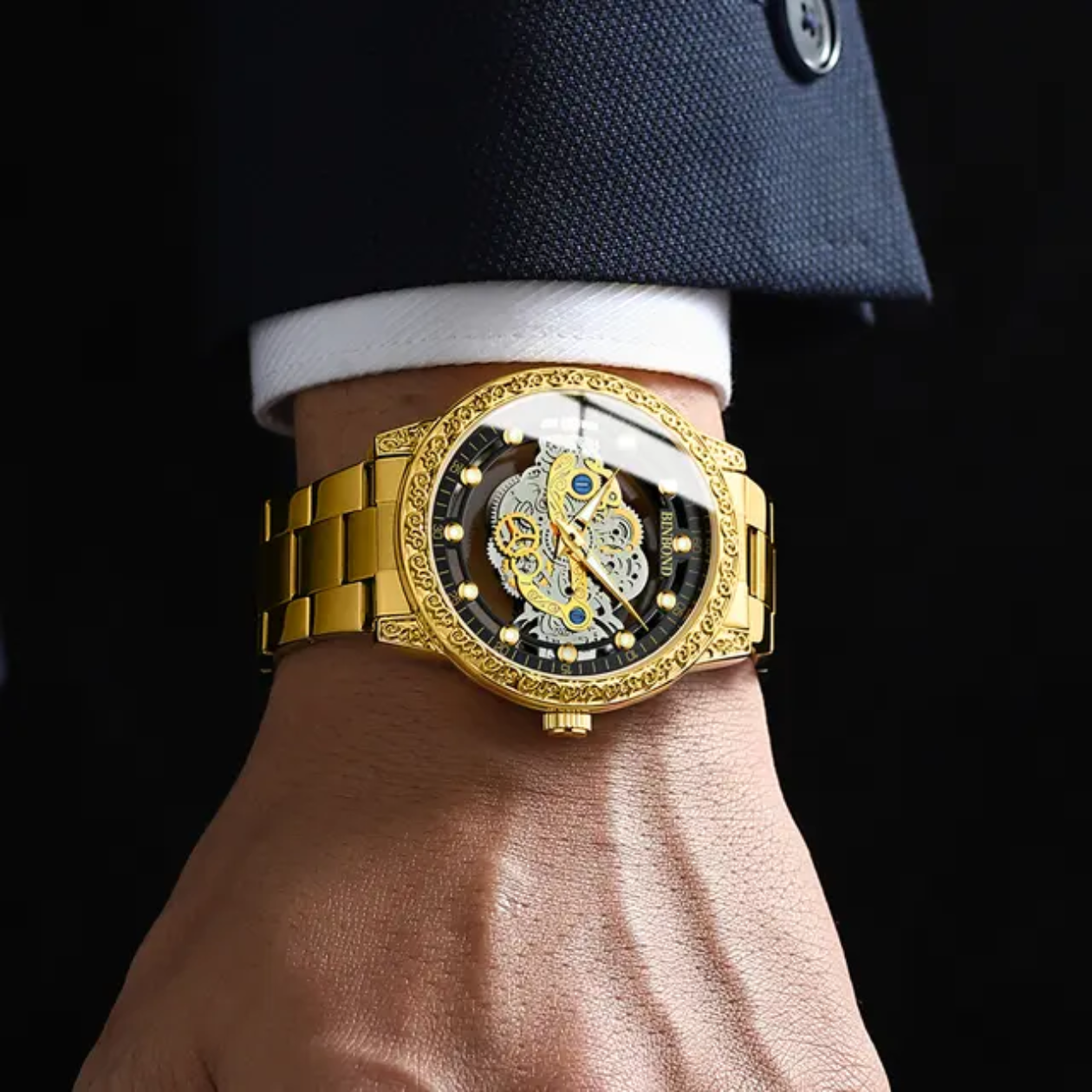 Skeleton Hollow 3D Carved Bezel Stainless Steel Business Wrist Watch