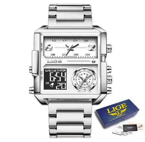 Matturi  Luxury Fashion Watch  Stainless Steel Sports Square Digital Analog Big Quartz Watch