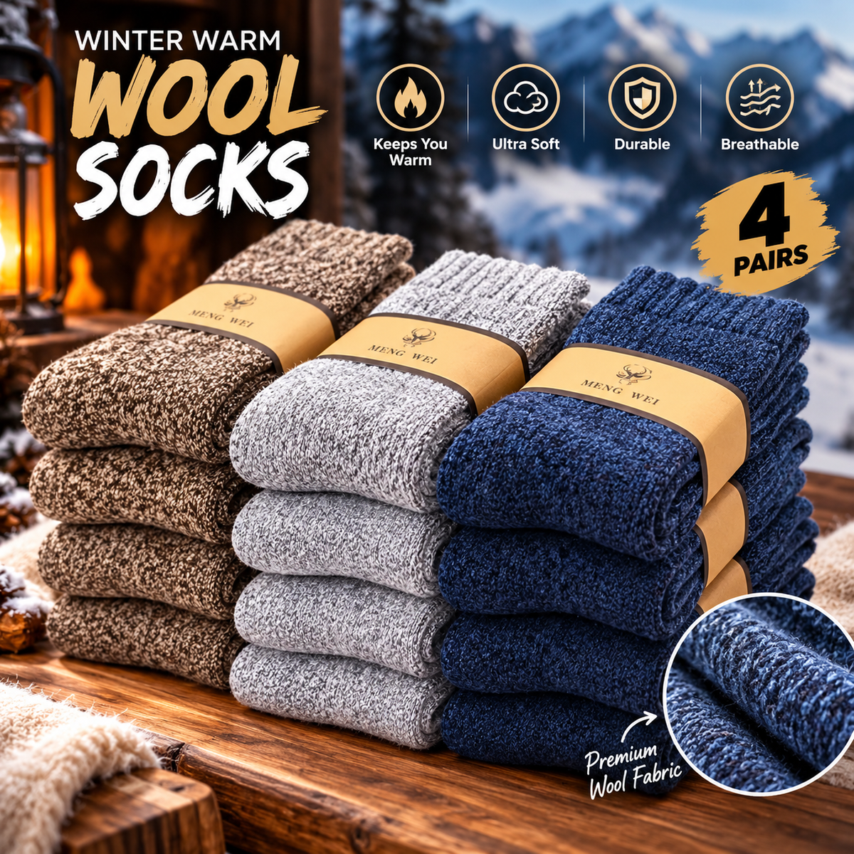 4 Pair Thicken Wool Towel Winter Socks