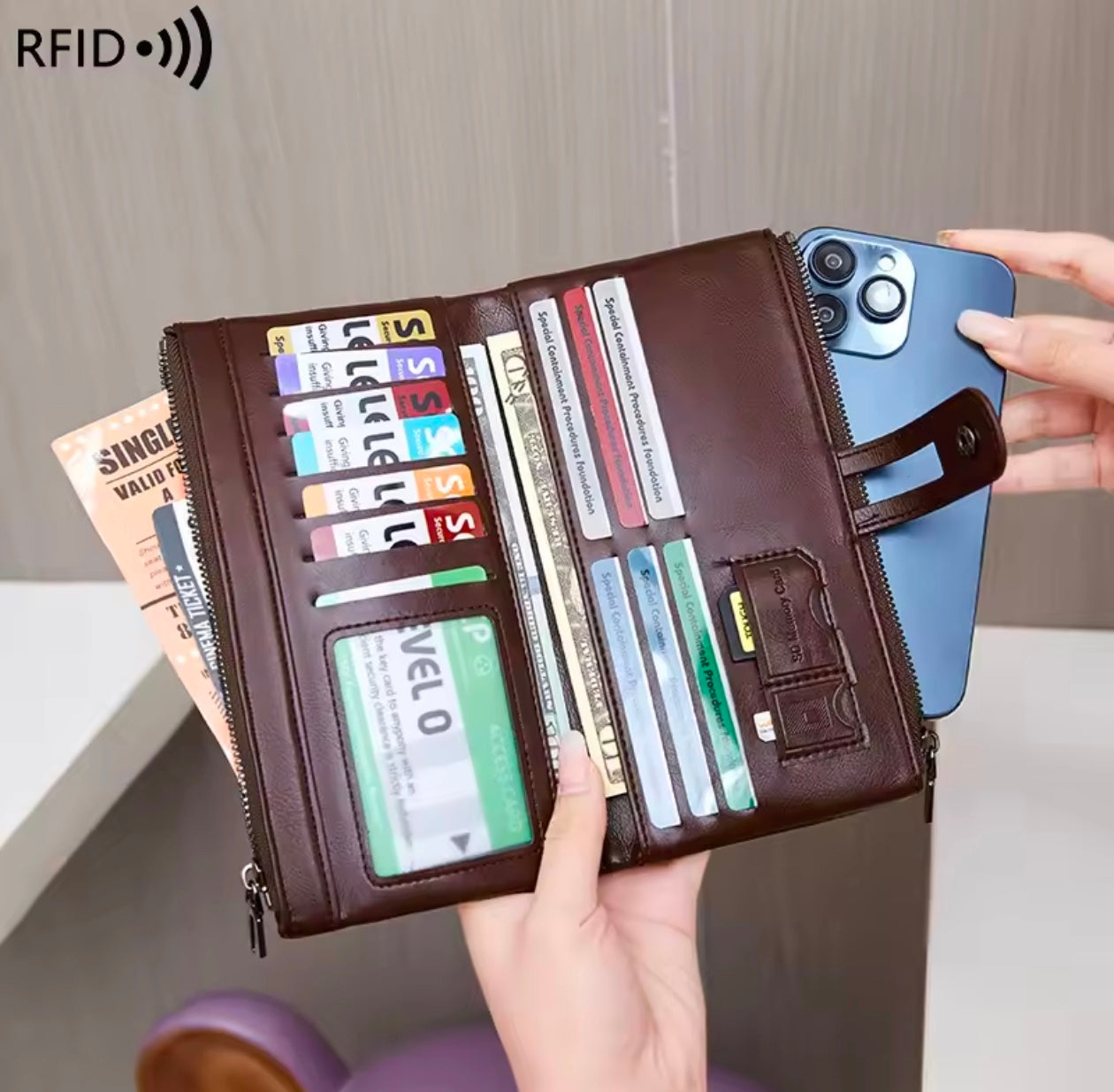 Genuine Cow Leather RFID Blocking Business Wallet for Mobile credit Cards