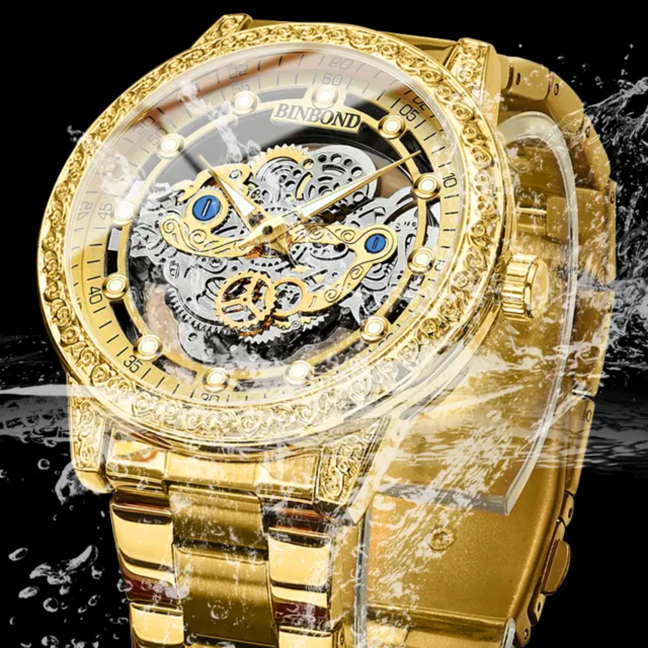 Skeleton Hollow 3D Carved Bezel Stainless Steel Business Wrist Watch
