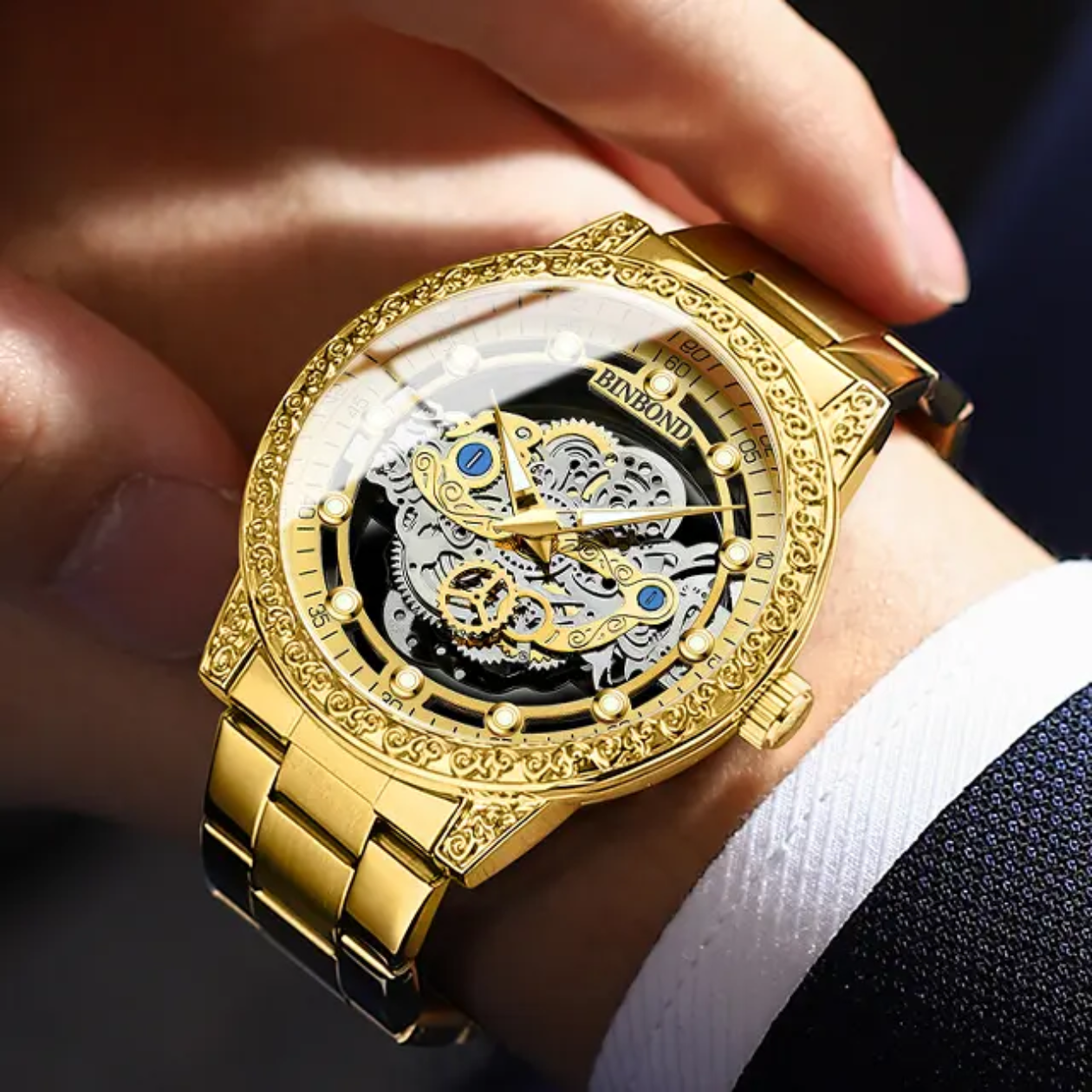 Skeleton Hollow 3D Carved Bezel Stainless Steel Business Wrist Watch