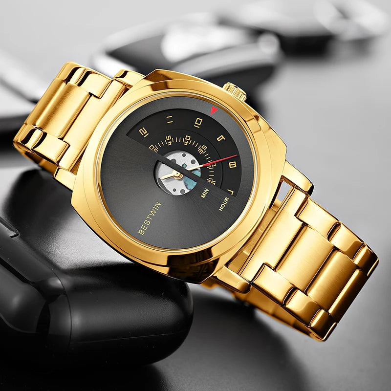 Luxury Creative Turntable Numbers Display Concept Gold Dial Men's Quartz Wristwatch