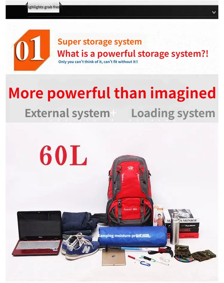 60L hiking backpack Large Capacity  Waterproof bag
