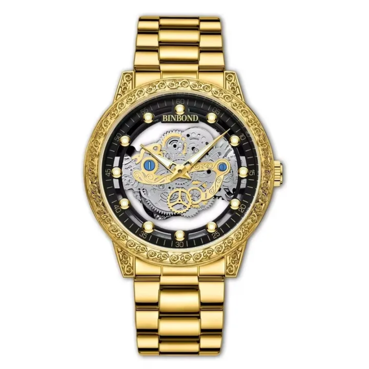 Skeleton Hollow 3D Carved Bezel Stainless Steel Business Wrist Watch