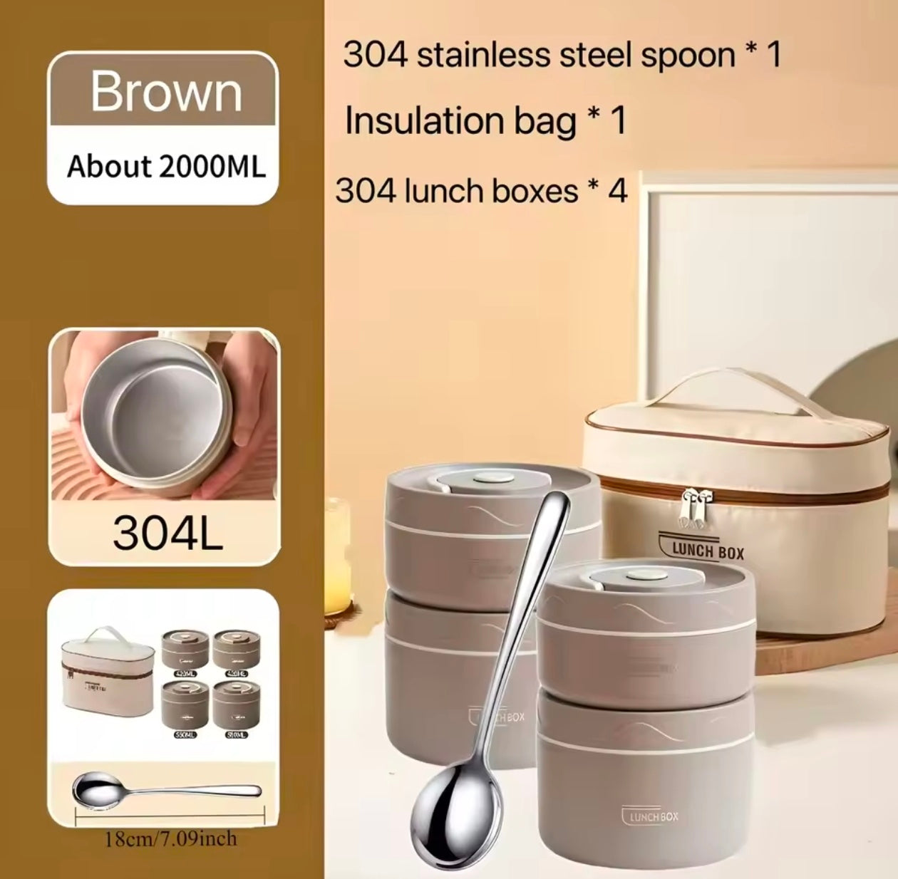 4Pcs Insulated Lunch Container 304 Stainless Steel Leakproof Portable