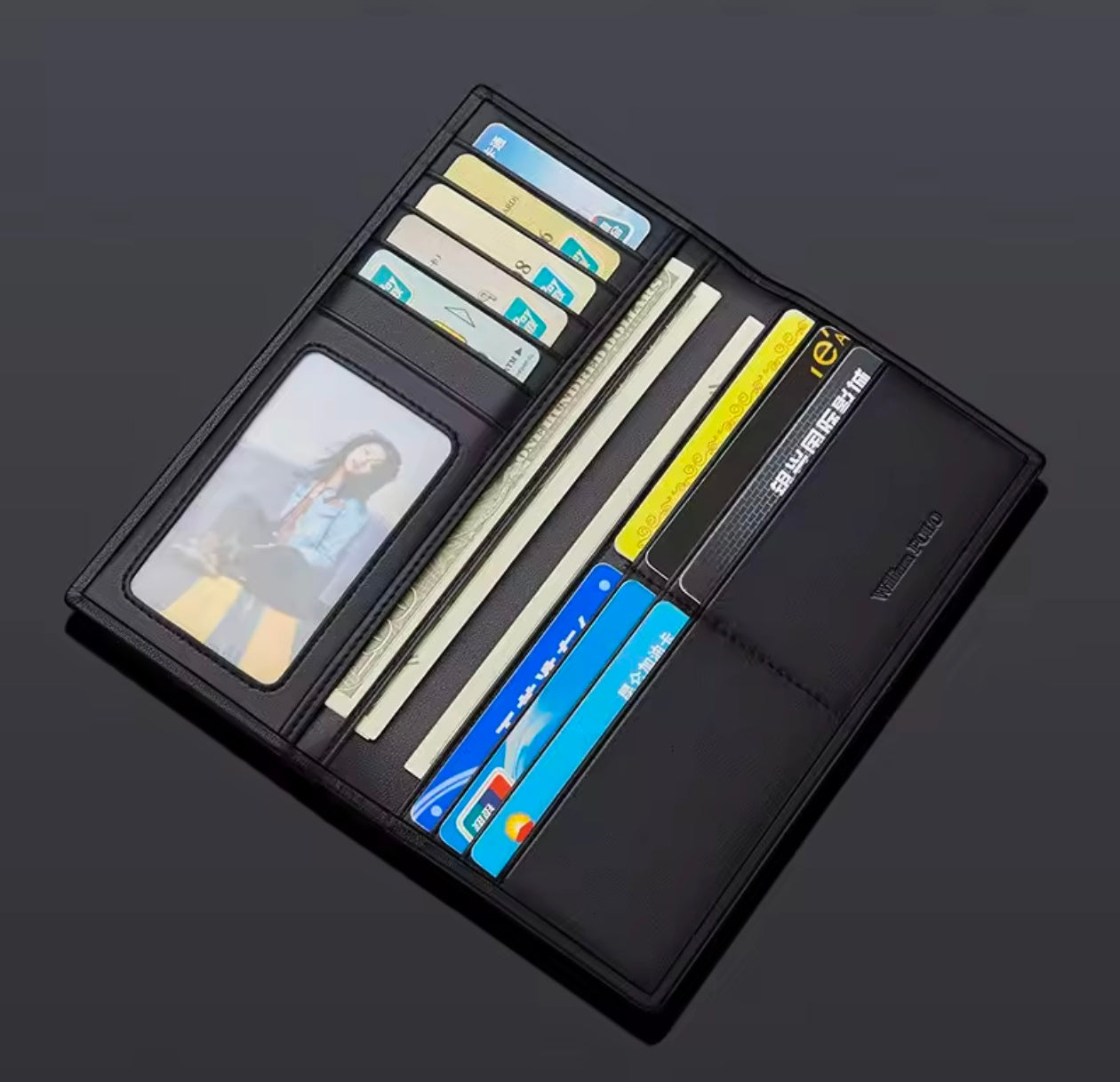 Bi-fold Pu leather thin long wallet for men women