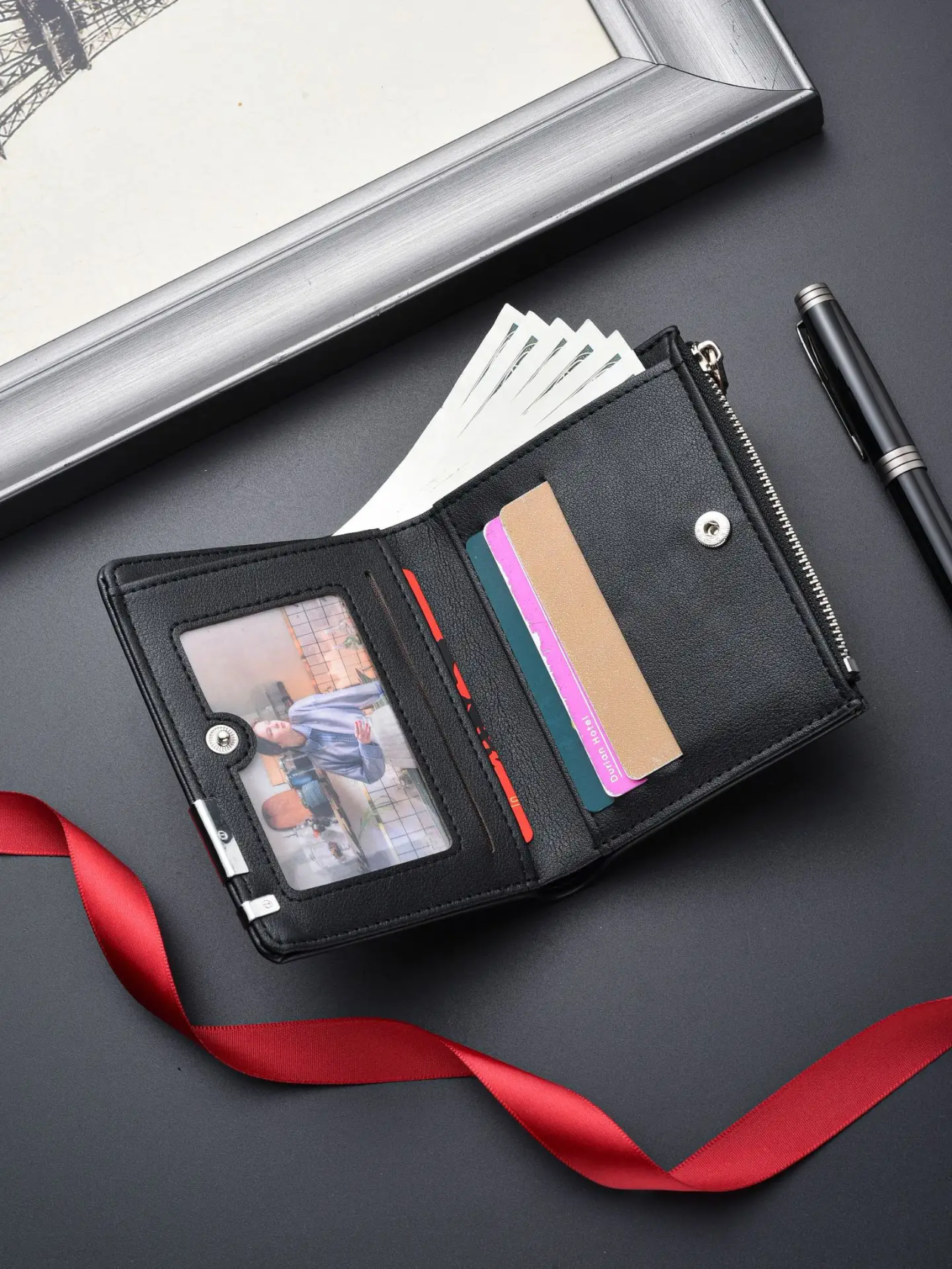 Vintage Style Shibali Folding zipper Design Pu Leather Short Wallet With Decorative Corner