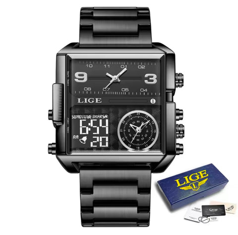 Matturi  Luxury Fashion Watch  Stainless Steel Sports Square Digital Analog Big Quartz Watch