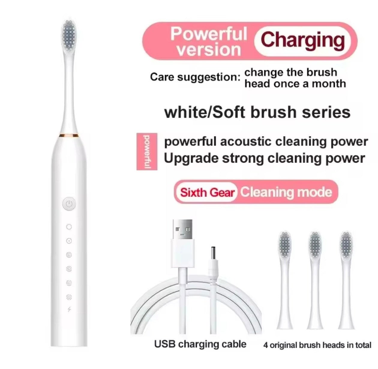 Electric Toothbrush Soft Bristles 6 Speed Automatic for Adults & Kids  Universal Smart Charging  All Ages Compatible