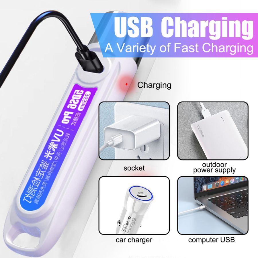 365nm UV Flashlight  Black Light USB Rechargeable Currency Check
