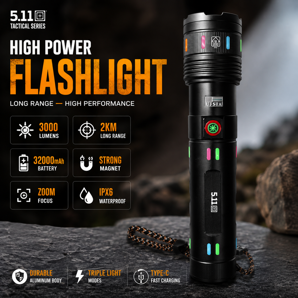 90000 Lumen XHP70.2 Zoomable Rechargeable Flashlight