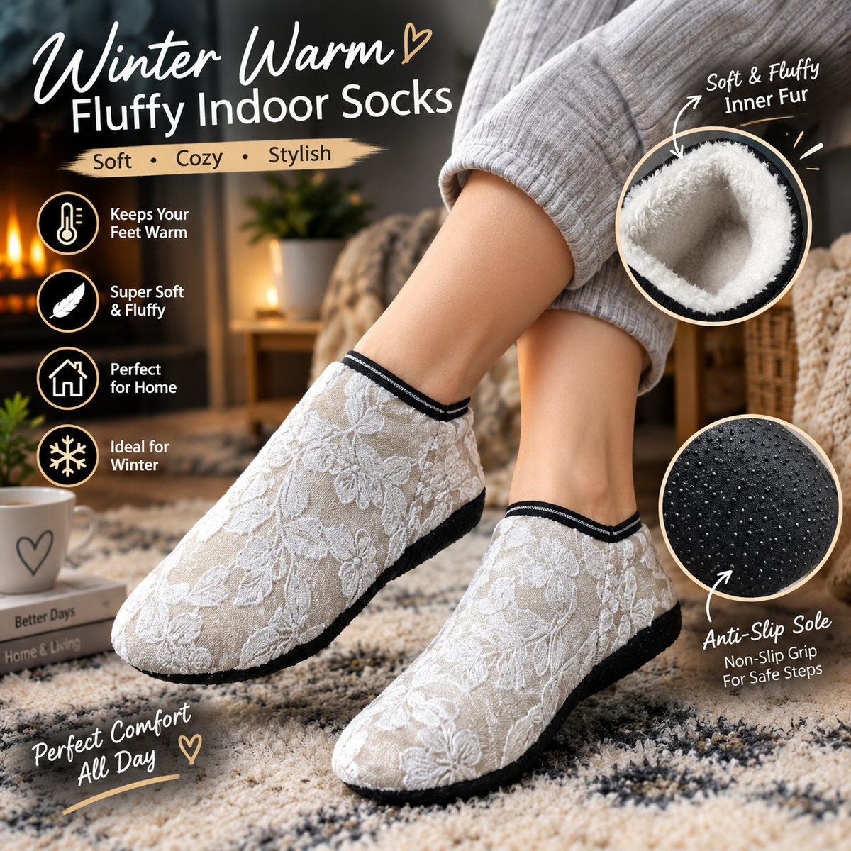 2 Pairs Women Winter Warm Non-Slip Indoor Floor Socks Soft