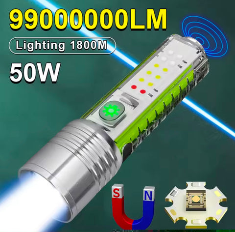 Long Range Tactical Rechargeable Flashlight With Side Light Strong Magnets Lighting 1800m Mini Multifunction Torch