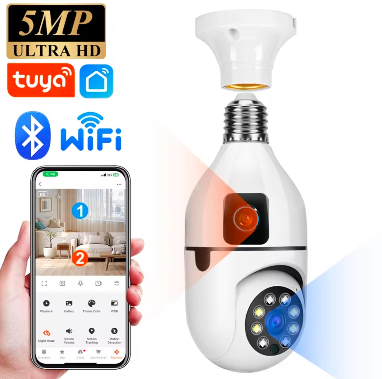 CCTV PTZ WiFi Dual Lens Screen E27 Bulb Camera
