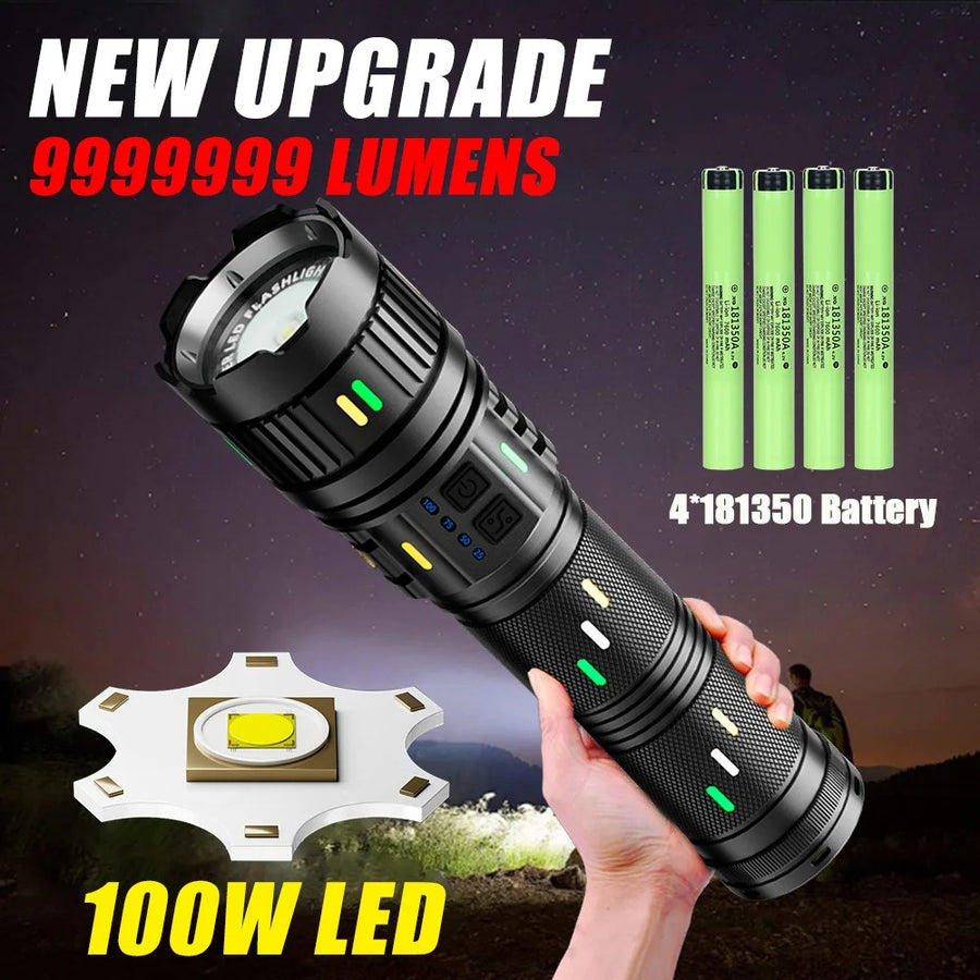 Super Bright Spotlight Long Range Flashlight Tactical Zoomable Emergency Torch USB C Charging 72H Endurance with Power Indicator