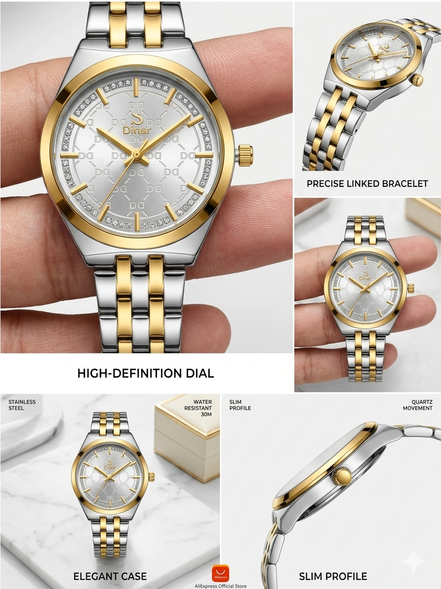 Dinar Brand Luxury ladies Stainless steel New Fashion Watch Waterproof