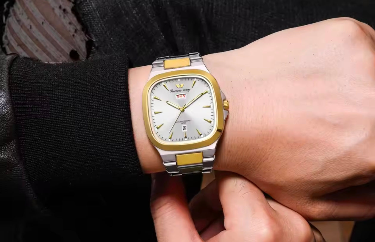 Business Stainlsee Steel Rectangle Quartz Two Tone Band Watch