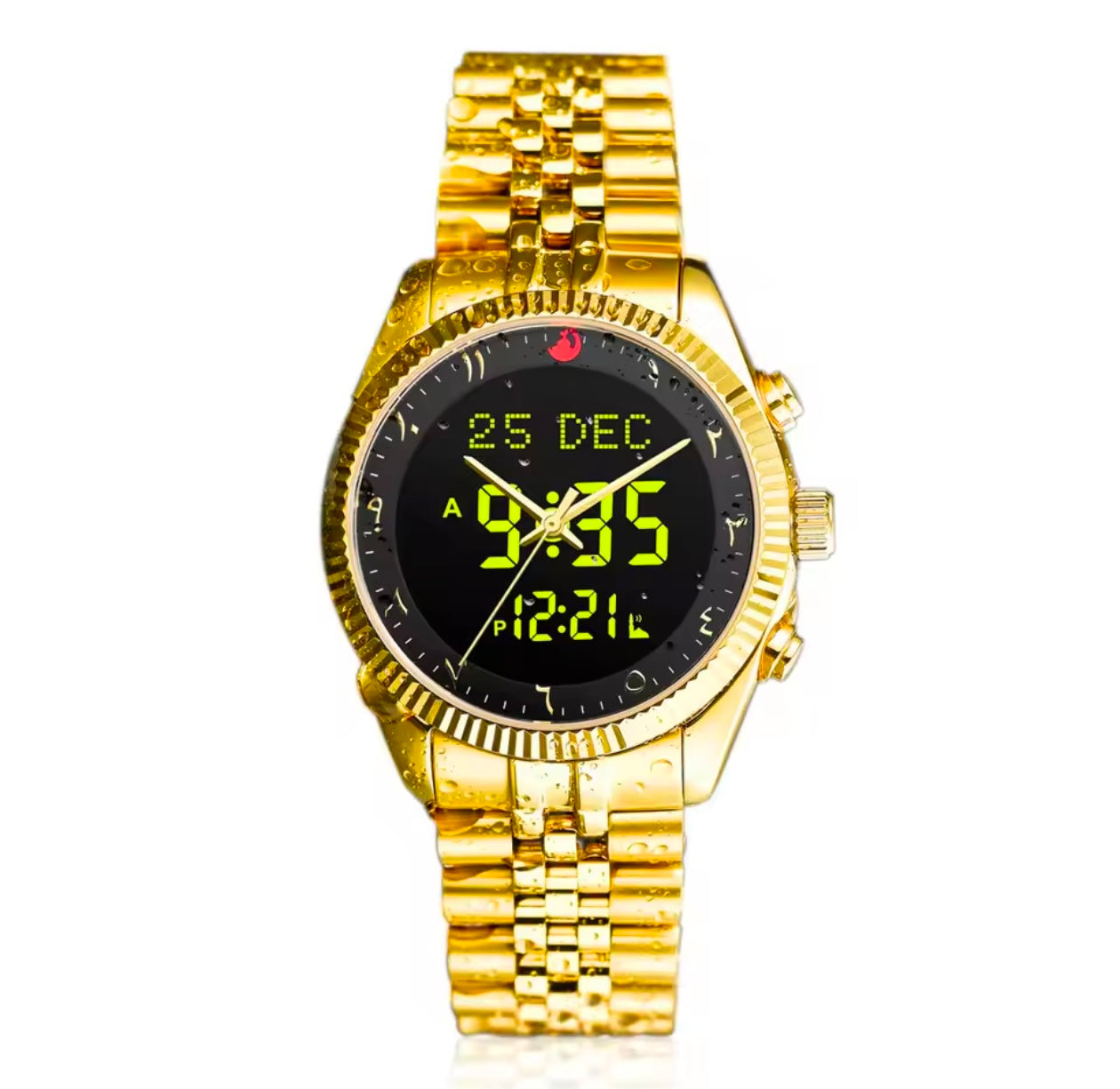 Alharmeen Al Fajar Muslim Watch with Arabic Sapphire Crystal Dial Azan Prayer Alarm Islamic Time Wristwatch Ramadan Gift