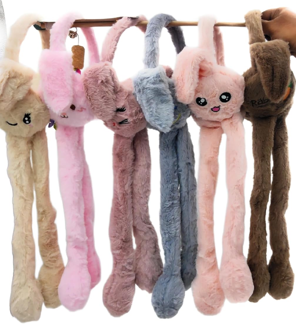 Women's Winter Plush Earwarmer Bunny Earmuffs with Moving Jumping Rabbit Ears Windproof Airbag Ear Bag